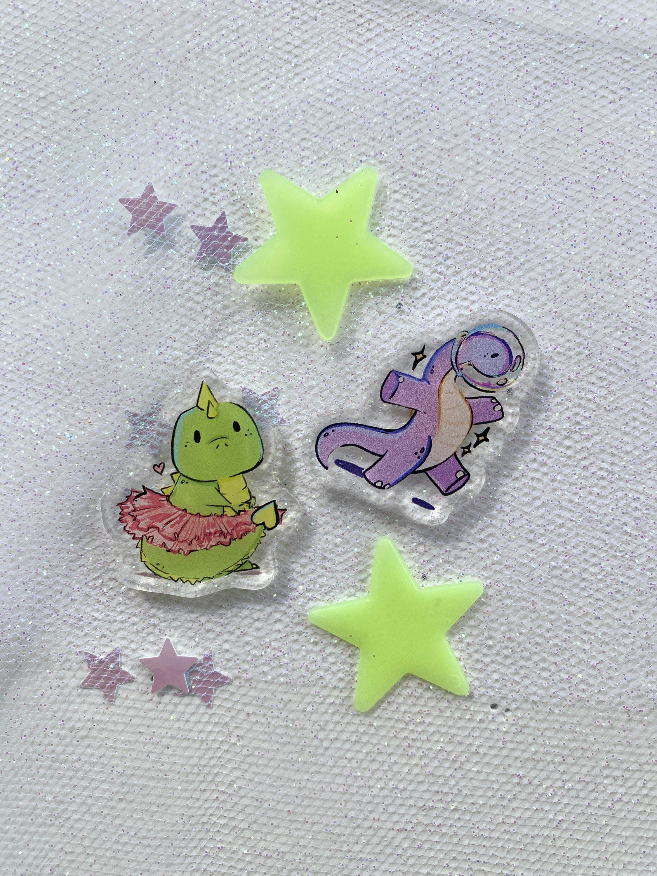 Dino Buddies Acrylic Pin Set: Ballerina Dinosaur & Space Dinosaur